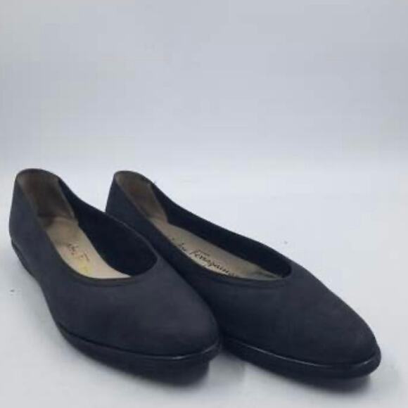 Salvatore Ferragamo Vintage Dark Gray Suede Almond Toe Neoprene Flats Sz 9.5 4A - Picture 1 of 12